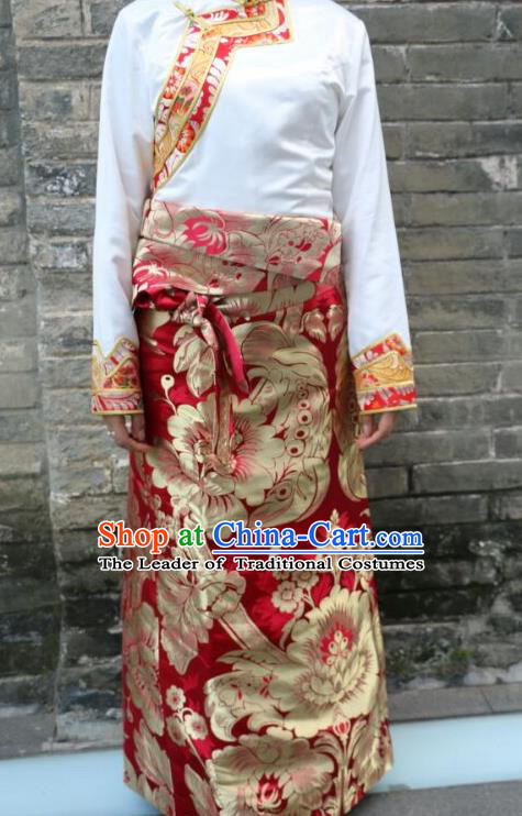 Chinese Traditional Minority Dance Costume Red Tibetan Skirt Zang Nationality Clothing for Women