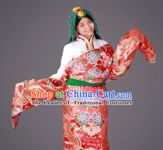 Chinese Traditional Minority Dance Costume Red Tibetan Robe Zang Nationality Clothing for Women