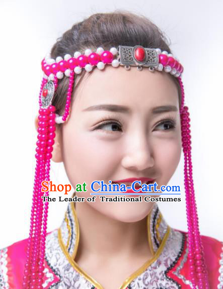 Traditional Chinese Folk Dance Rosy Beads Tassel Hair Accessories, Mongolian Minority Hair Jewelry Dance Headwear for Women