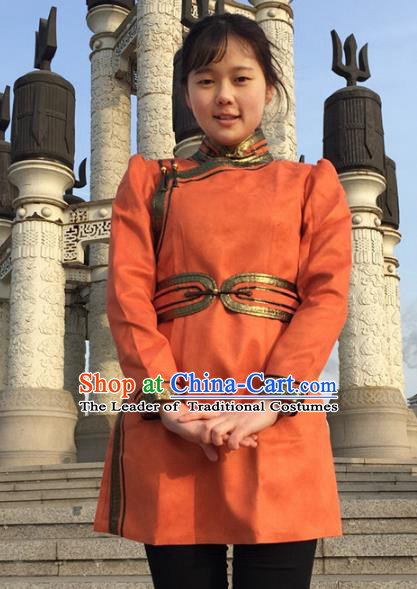 Chinese Traditional Female Ethnic Costume Orange Suede Fabric Mongolian Robe, China Mongolian Minority Folk Dance Clothing for Women