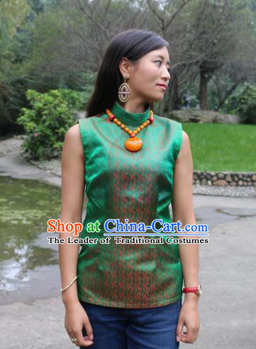 Chinese Traditional Minority Wedding Costume Green Tibetan Vest Zang Nationality Clothing for Women
