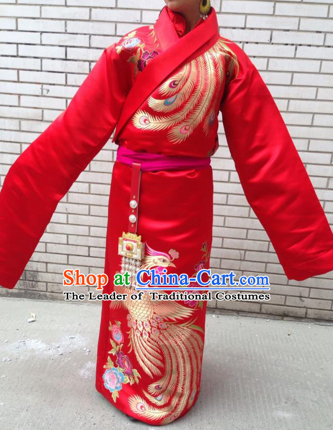 Chinese Traditional Minority Wedding Costume Red Tibetan Robe Zang Nationality Clothing for Women
