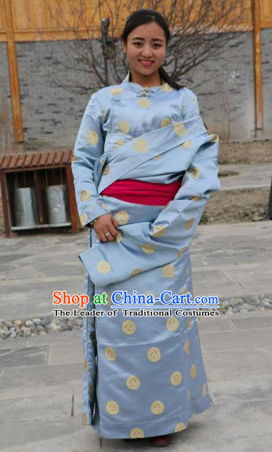 Chinese Traditional Minority Wedding Costume Blue Satin Tibetan Robe Zang Nationality Clothing for Women