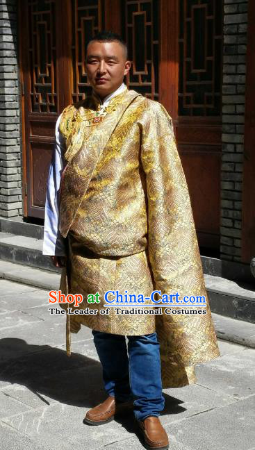 Chinese Traditional Tibetan Minority Wedding Costume Zang Nationality Golden Brocade Tibetan Robe for Men