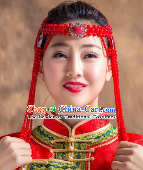 Traditional Chinese Folk Dance Tassel Hair Accessories, Mongolian Minority Red Beads Hair Jewelry Dance Headband for Women