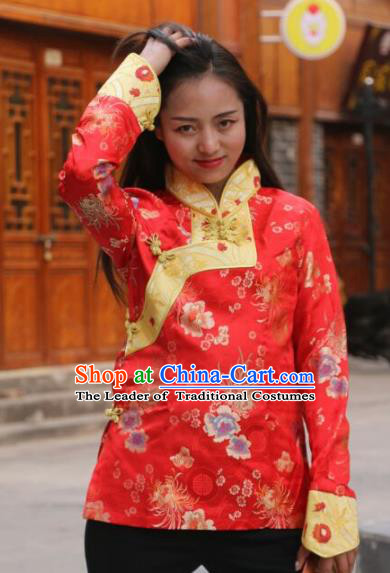 Chinese Traditional Tibetan Minority Costume Red Blouse Zang Nationality Clothing for Women