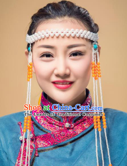Chinese Traditional Folk Dance Tassel Hair Accessories, Mongolian Minority Bride Orange Beads Hair Jewelry Dance Headband for Women