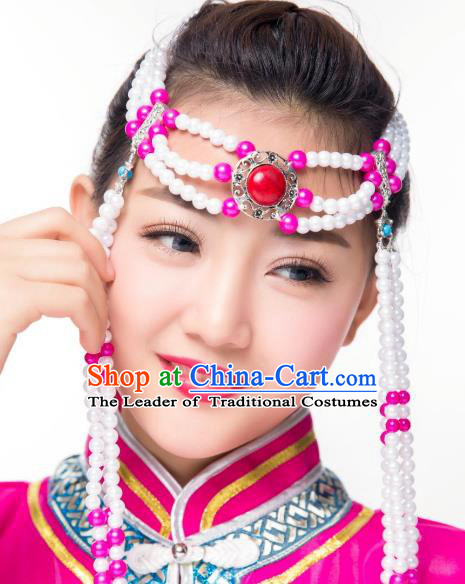Chinese Traditional Folk Dance Tassel Hair Accessories, Mongolian Minority Bride Rosy Beads Hair Jewelry Dance Headband for Women