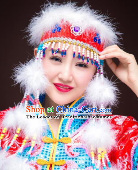 Chinese Traditional Folk Dance Red Hat Hair Accessories, Mongolian Minority Princess Feather Headwear for Women