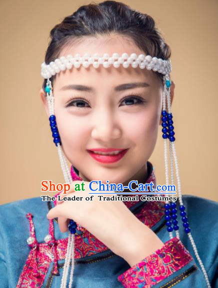 Chinese Traditional Folk Dance Tassel Hair Accessories, Mongolian Minority Bride Blue Beads Hair Jewelry Dance Headband for Women