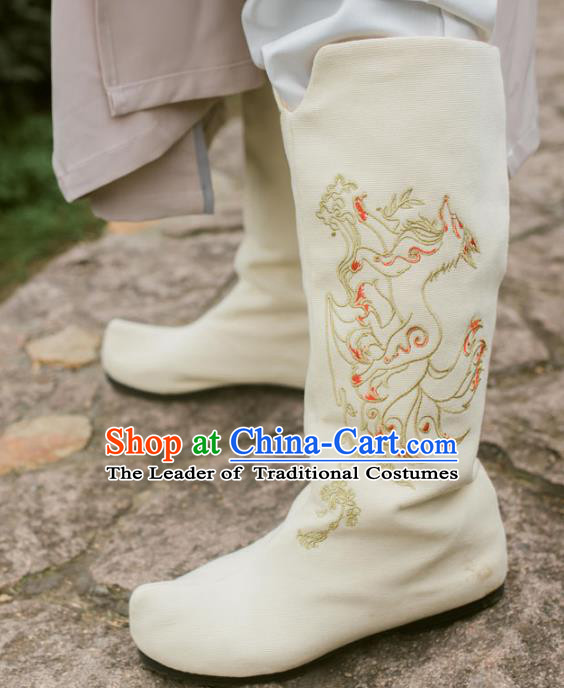 Chinese Traditional White Cloth Shoes Ancient Swordsman Hanfu Embroidered Boots for Men
