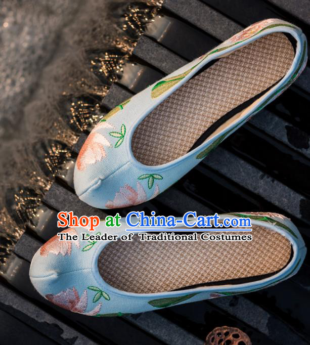 Chinese Traditional Blue Cloth Shoes Ancient Princess Hanfu Embroidered Shoes for Women