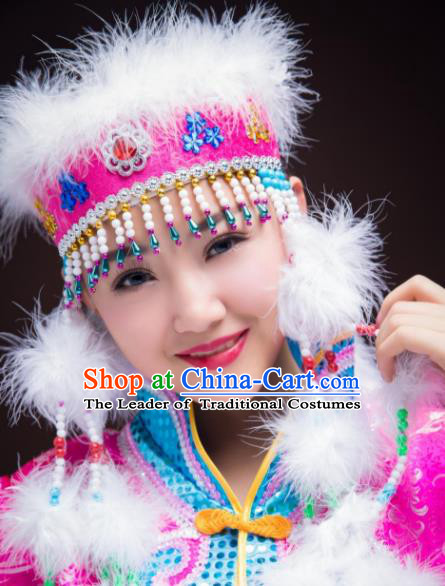 Chinese Traditional Folk Dance Rosy Hat Hair Accessories, Mongolian Minority Princess Feather Headwear for Women
