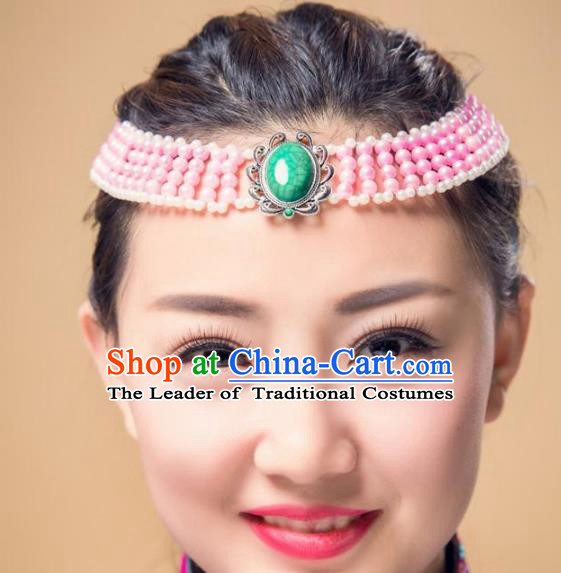 Chinese Traditional Ethnic Pink Beads Hair Accessories, Mongolian Minority Folk Dance Headwear for Women