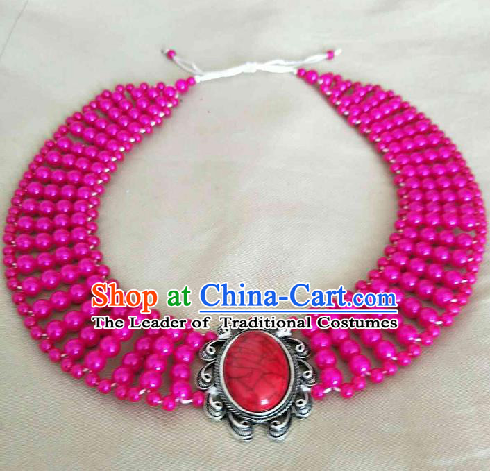 Chinese Traditional Ethnic Rosy Beads Hair Accessories, Mongolian Minority Folk Dance Headwear for Women