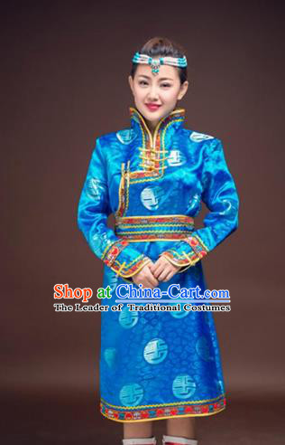 Chinese Traditional Female Ethnic Costume, China Mongolian Minority Folk Dance Blue Clothing for Women