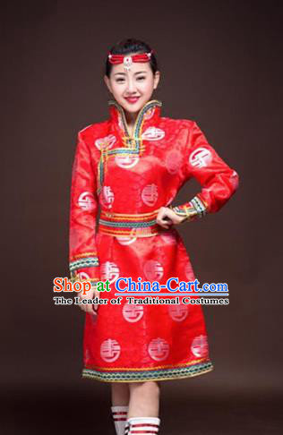 Chinese Traditional Female Ethnic Costume, China Mongolian Minority Folk Dance Red Clothing for Women