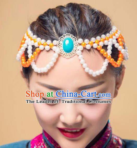 Chinese Traditional Mongol Ethnic Hair Accessories, Mongolian Minority Folk Dance Orange Beads Tassel Headwear for Women