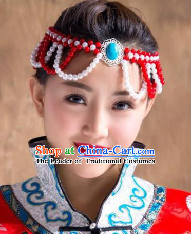 Chinese Traditional Mongol Ethnic Hair Accessories, Mongolian Minority Folk Dance Red Beads Tassel Headwear for Women