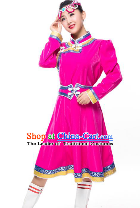 Chinese Traditional Female Ethnic Costume Rosy Mongolian Robe, China Mongolian Minority Folk Dance Clothing for Women