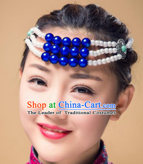 Traditional Chinese Folk Dance Beads Hair Accessories, Mongolian Minority Hair Jewelry Dance Headwear for Women