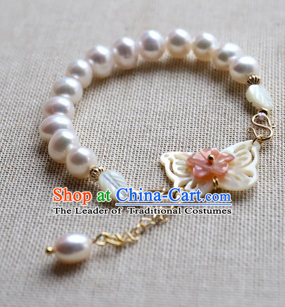 Chinese Ancient Handmade Classical Shell Butterfly Brace Lace Accessories Hanfu Pearls Bracelets for Women