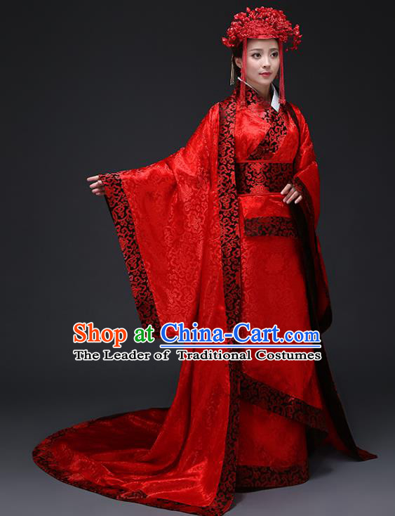 Chinese Ancient Wedding Costumes Han Dynasty Empress Red Hanfu Dress Clothing and Headpiece Complete Set for Women