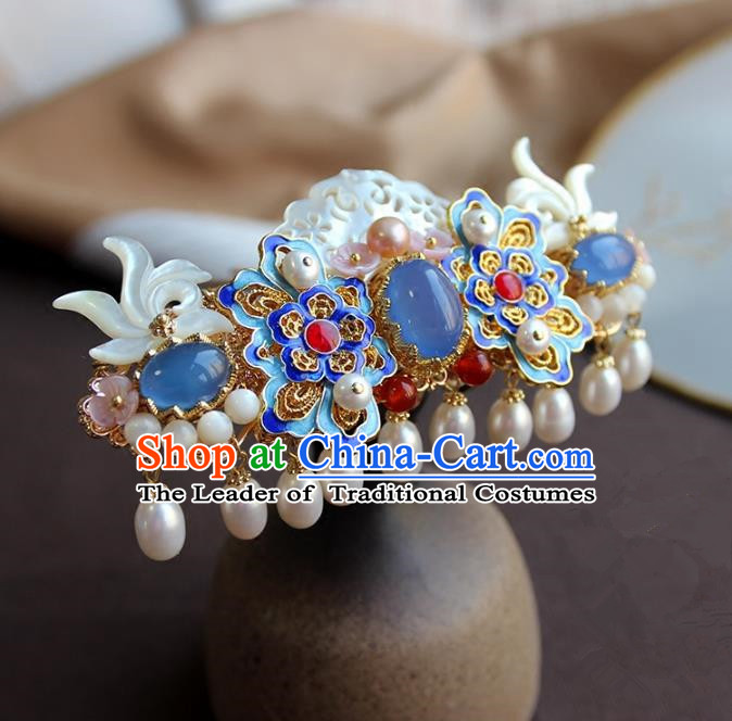 Chinese Ancient Handmade Pearls Tassel Hair Coronet Classical Hair Accessories Hanfu Blueing Hairpins for Women