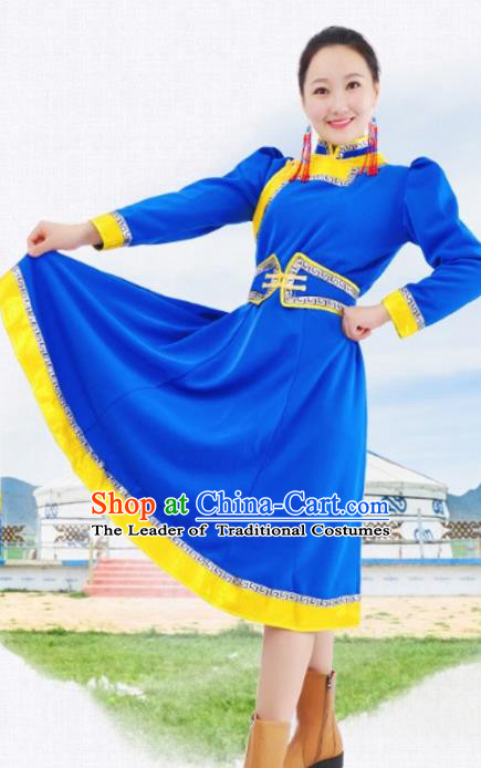 Chinese Mongol Nationality Blue Costume Traditional Mongolian Minority Dress for Women