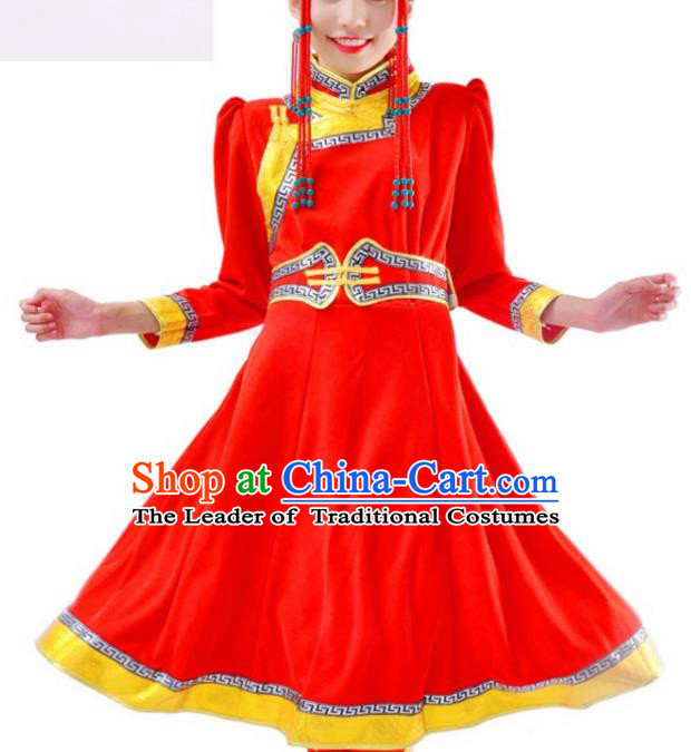 Chinese Mongol Nationality Red Costume Traditional Mongolian Minority Dress for Women