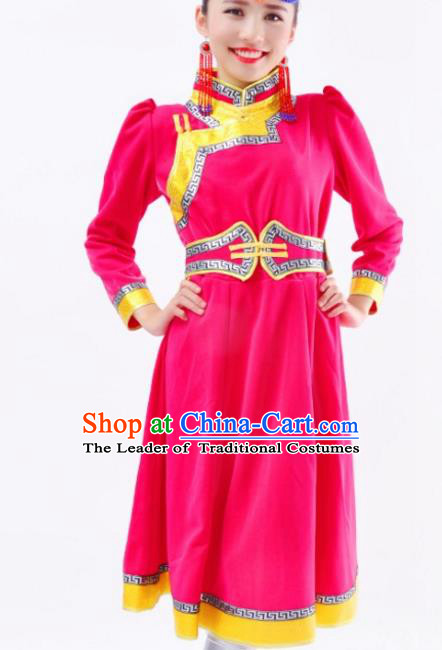 Chinese Mongol Nationality Rosy Costume Traditional Mongolian Minority Dress for Women