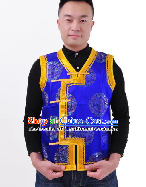 Chinese Mongol Nationality Costume Mongolian Blue Vest Traditional Mongolian Minority Folk Dance Clothing for Men