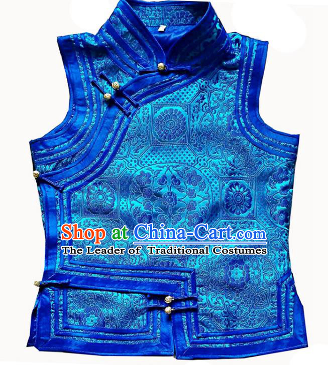 Chinese Mongol Nationality Blue Vest Costume Traditional Mongolian Minority Dress for Women