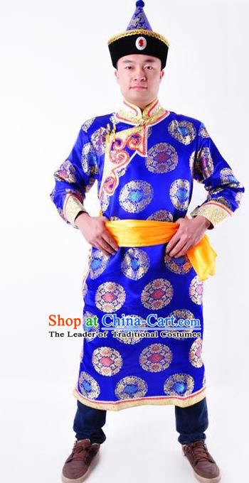 Chinese Mongol Nationality Costume Traditional Mongolian Minority Folk Dance Royalblue Robe for Men