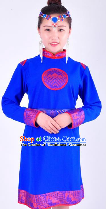 Chinese Mongol Nationality Costume Traditional Mongolian Minority Blue Dress for Women