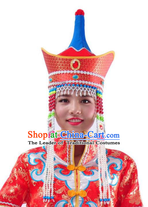 Chinese Handmade Mongol Nationality Wedding Red Hats Mongolian Bride Hats for Women
