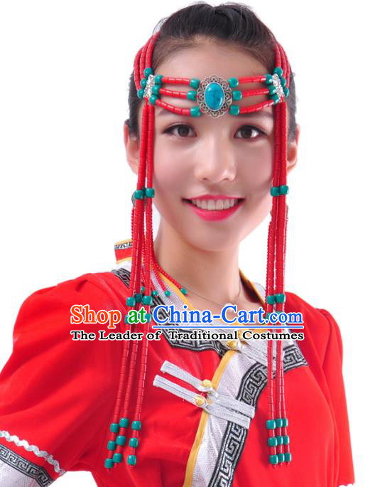 Chinese Handmade Mongol Nationality Hair Accessories Mongolian Red Beads Tassel Hair Clasp for Women
