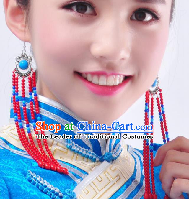 Chinese Handmade Mongol Nationality Accessories Mongolian Long Tassel Earrings for Women