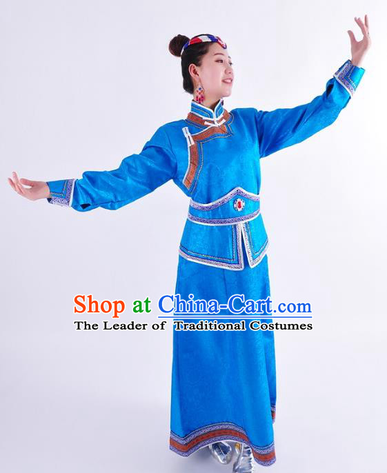 Chinese Mongol Nationality Costume Wedding Blue Dress Traditional Mongolian Minority Clothing for Women