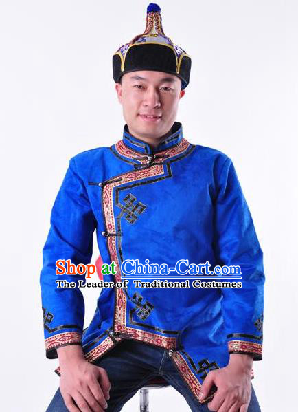 Chinese Mongol Nationality Costume Traditional Mongolian Minority Folk Dance Blue Coat for Men