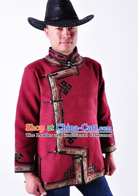 Chinese Mongol Nationality Costume Traditional Mongolian Minority Folk Dance Purplish Red Coat for Men