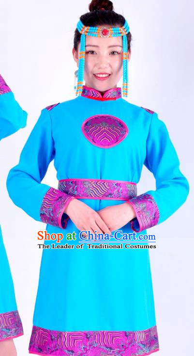 Chinese Mongol Nationality Costume Traditional Mongolian Minority Sky Blue Dress for Women