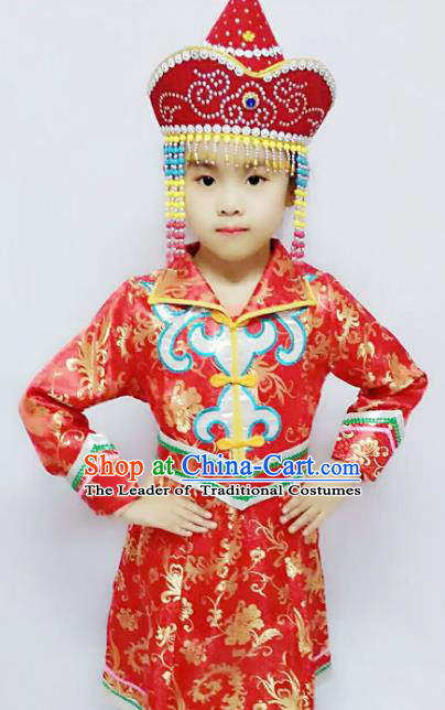Chinese Mongol Nationality Costume Red Mongolian Robe Traditional Mongolian Minority Clothing for Kids