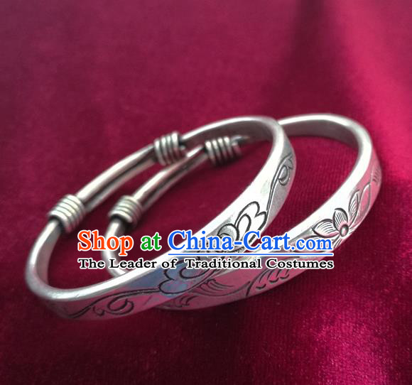 Chinese Miao Nationality Silver Ornaments Traditional Hmong Carving Bracelets Accessories for Women
