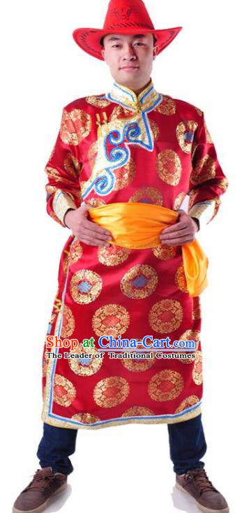 Chinese Mongol Nationality Costume Traditional Mongolian Royal Highness Red Mongolian Robe for Men