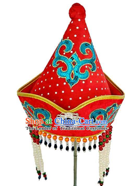 Chinese Handmade Mongol Nationality Hats Mongolian Red Tassel Hats for Kids