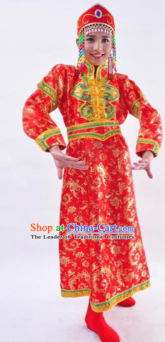 Chinese Mongol Nationality Folk Dance Costume Traditional Minority Red Mongolian Robe for Women