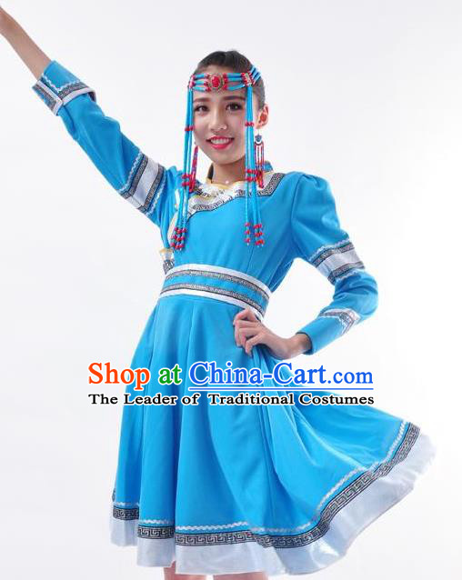 Chinese Mongol Nationality Folk Dance Costume Traditional Minority Blue Mongolian Dress for Women