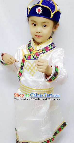 Chinese Mongol Nationality Costume Boy White Mongolian Robe Traditional Mongolian Minority Clothing for Kids