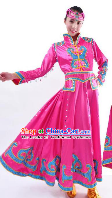 Chinese Mongol Nationality Folk Dance Costume Traditional Mongolian Minority Rosy Big Swing Dress for Women